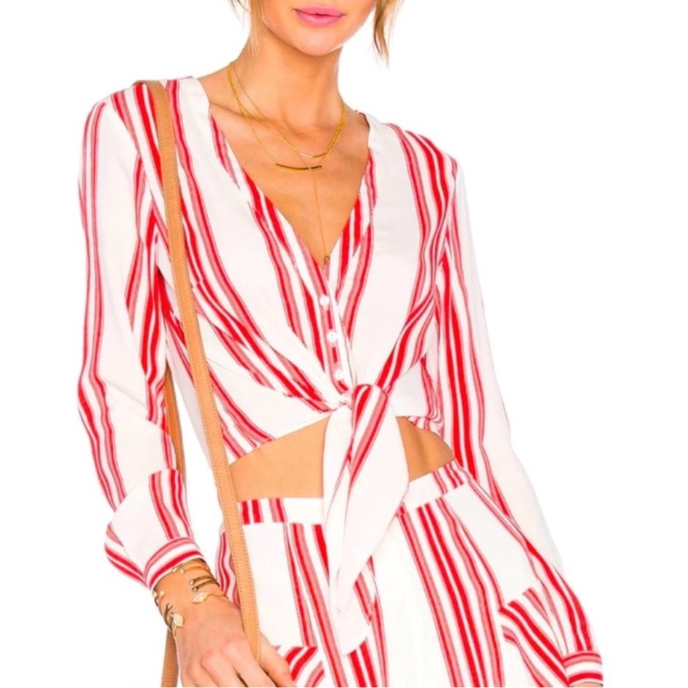 Lovers + Friends White and Red Striped Tie-Front Blouse